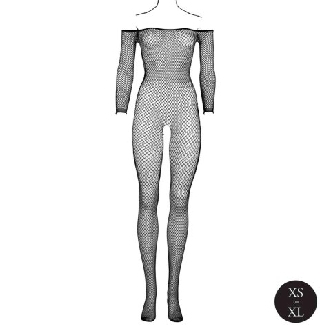 Bodystocking with off shoulder neckline, fishnet structure and open crotch.