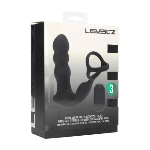Dual Vibrating Remote Rotating Head Silicone Prostate Stimulator with Cock and Ball Ring - Black