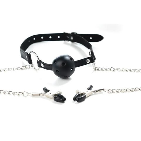 Breathable ball gag with adjustable nipple
clamps.