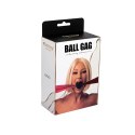 Silicone ball gag with satin straps.
