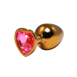 Gold medium heart-shaped butt plug with pink crystal