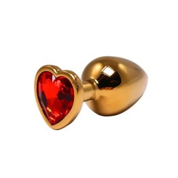 Gold medium heart-shaped butt plug with red crystal