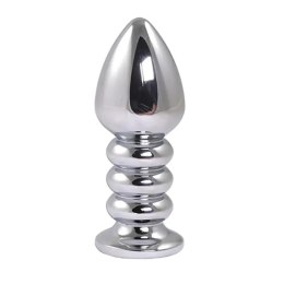 Silver large ribbed butt plug with pink crystal