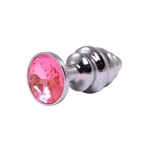 Silver small ribbed butt plug with pink crystal