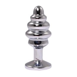 Silver small ribbed butt plug with pink crystal