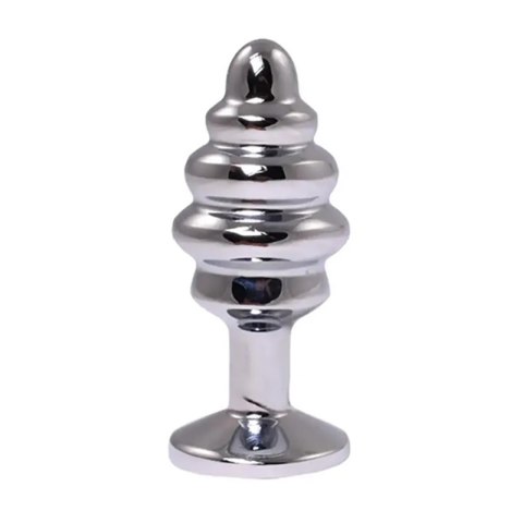 Silver small ribbed butt plug with pink crystal
