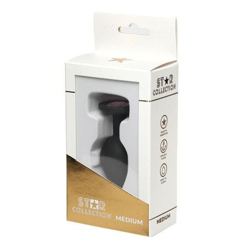 Star Collection - Black Silicone Anal Plug M - Light Pink Stone