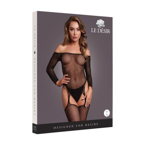 Shimmering Off the Shoulder Bodystocking - One Size - Black/Gold Glitter