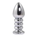 Silver large ribbed butt plug with pink crystal