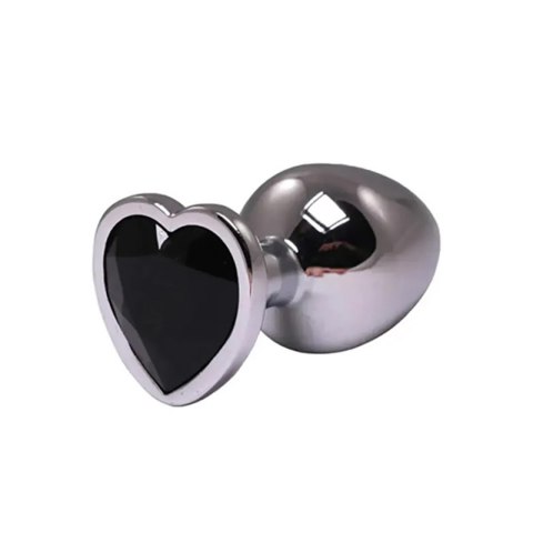 Silver medium heart-shaped butt plug with black crystal