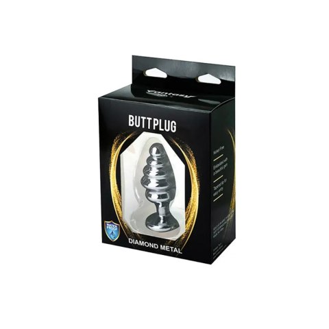 Silver medium ribbed butt plug with red crystal