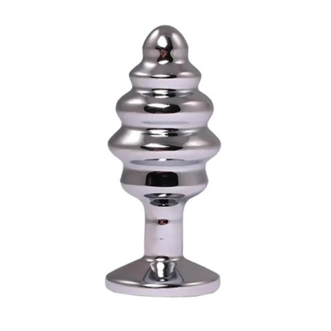 Silver medium ribbed butt plug with red crystal