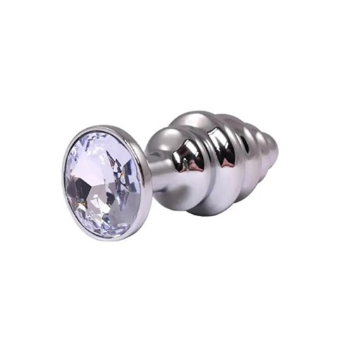 Silver medium ribbed butt plug with white crystal