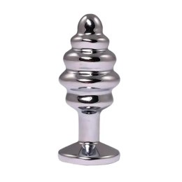 Silver medium ribbed butt plug with white crystal