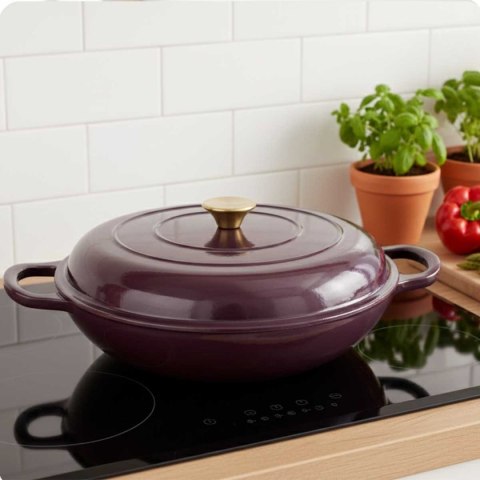 EMALIOWANY GARNEK ŻELIWNY PŁASKI 30cm 3L HAGE EGGPLANT