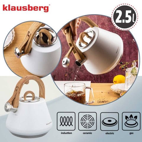 CZAJNIK STALOWY Z GWIZDKIEM 2,5L KLAUSBERG KB-9061 BIAŁY