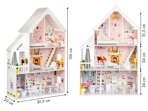 Domek Dla Lalek ECOTOYS Drewniany 3 Piętra XXL Pudrowa Rezydencja