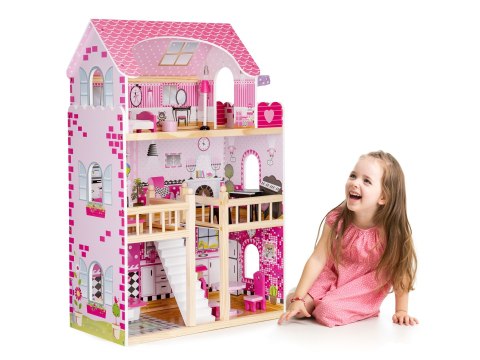 Drewniany domek dla lalek Ecotoys 3 poziomy LED 17 mebelków