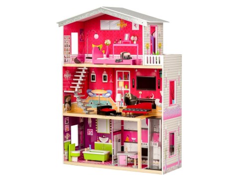 Duży Drewniany Domek Dla Lalek Ecotoys Malibu 3 Poziomy Winda 10 Mebli