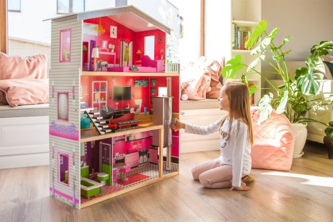 Duży Drewniany Domek Dla Lalek Ecotoys Malibu 3 Poziomy Winda 10 Mebli
