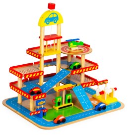 Drewniany Garaż Ecotoys 3 Poziomy Z Windą Autkami Helikopterem