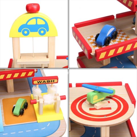 Drewniany Garaż Ecotoys 3 Poziomy Z Windą Autkami Helikopterem