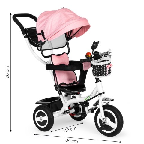 Rower Trójkołowy ECOTOYS 12m+ Obrotowy Daszek Pasy Barierki Różowy
