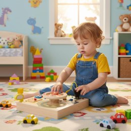 Drewniana Tablica Manipulacyjna ECOTOYS Auto LED 14 Elementów Edukacyjnych