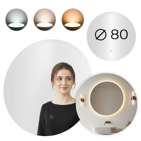 Lustro łazienkowe LED okrągłe ścienne 80 cm 3 barwy włącznik dotykowy ModernHome