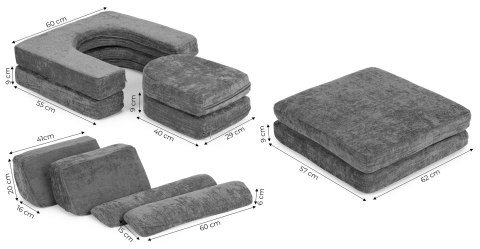 Sofa modułowa dla dzieci ECOTOYS 10 poduch szara szenil
