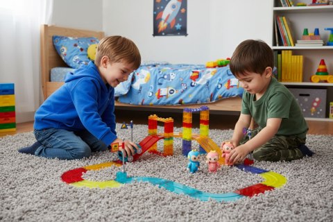 Tor Dla Aut Klocki Magnetyczne 154 Elementy Z Autkami LED Zestaw
