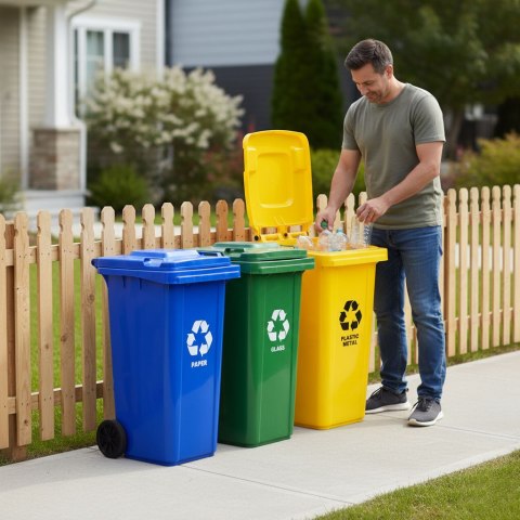 Zestaw 5 koszy na śmieci pojemniki 5x120L niebieski zielony żółty czarny brązowy makulatura szkło plastik odpady zmieszane BIO g