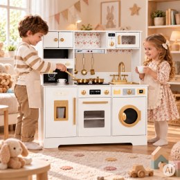 Duża Drewniana Kuchnia Ecotoys Dla Dzieci Ekspres Kostkarka Biała