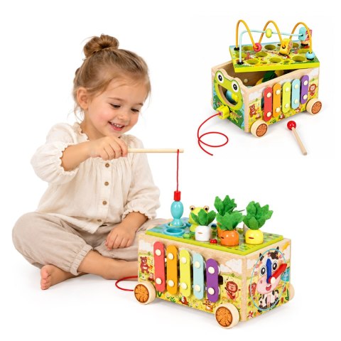 Drewniana Kostka Edukacyjna Ecotoys 8w1 Wózek Sorter Cymbałki Żabka