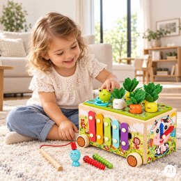 Drewniana Kostka Edukacyjna Ecotoys 8w1 Wózek Sorter Cymbałki Żabka
