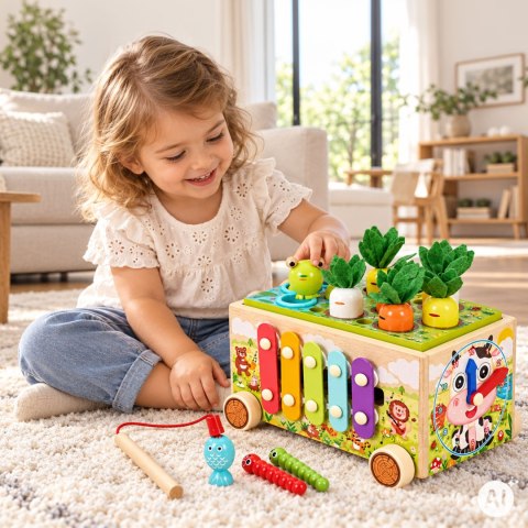 Drewniana Kostka Edukacyjna Ecotoys 8w1 Wózek Sorter Cymbałki Żabka