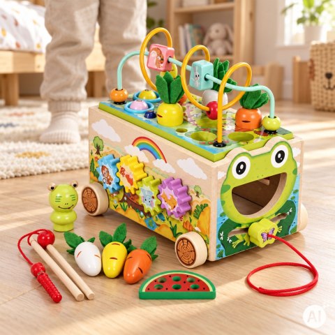 Drewniana Kostka Edukacyjna Ecotoys 8w1 Wózek Sorter Cymbałki Żabka