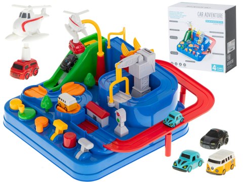 Tor przeszkód interaktywny samochodowy wyścigi parking 4 pojazdy auto autobus radiowóz wóz strażacki helikopter 24x24cm XL