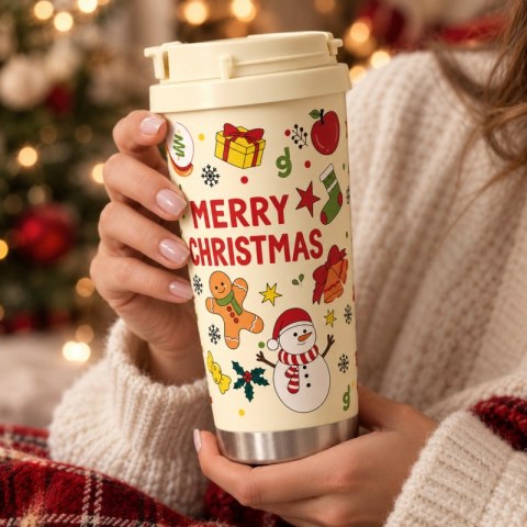 Świąteczny kubek termiczny 520ml z uchwytem i ustnikiem, MERRY CHRISTMAS CUP34
