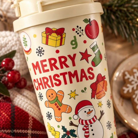 Świąteczny kubek termiczny 520ml z uchwytem i ustnikiem, MERRY CHRISTMAS CUP34