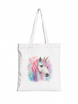 Torba bawełniana z białym jednorożcem z kolorową grzywą - 38 × 42 cm