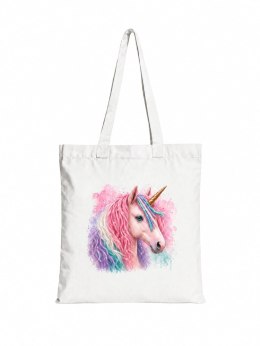 Torba bawełniana z różowym jednorożcem z kolorową grzywą - 38 × 42 cm