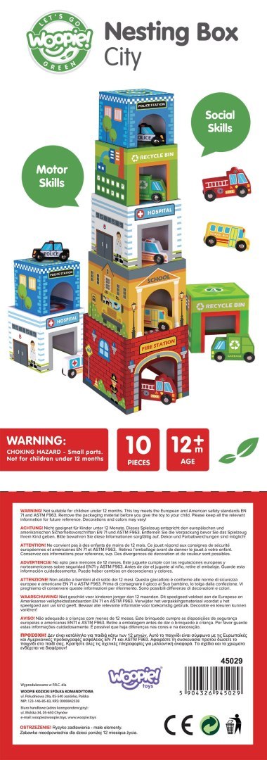 WOOPIE GREEN Układanka Sorter Kostki Miasto Pojazdy w Pudełkach + Figurki 10 el.