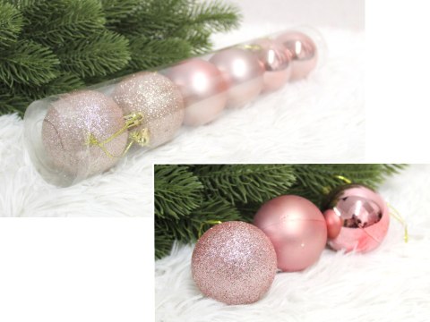 Bombki plastikowe tuba 6 cm kpl. 6 RÓŻOWE połysk mat brokat ZX-012