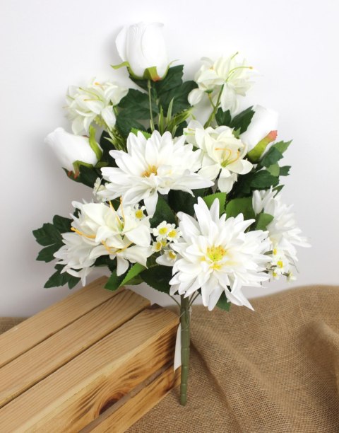 Bukiet wiązanka mieszany RÓŻA DALIA wys. 50 cm 11 łodyg kwiat 12-5 cm ECRU MZ-284A