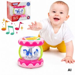 WOOPIE BABY Różowy Bębenek Pozytywka Projektor 3w1 Zabawka Muzyczna dla Niemowląt + Walec Roller do Nauki Raczkowania
