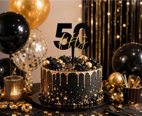 Topper na tort 50. urodziny „fifty" 9 x 12cm PF-TO50