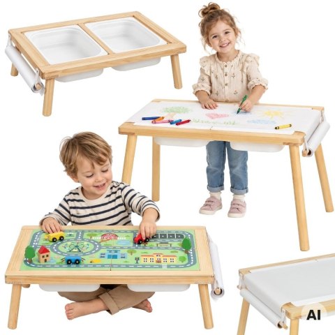 WOOPIE GREEN Drewniany Stolik Aktywności 3w1 Montessori Pojemniki Mapa Miasta Papier Rysunkowy