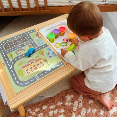 WOOPIE GREEN Drewniany Stolik Aktywności 3w1 Montessori Pojemniki Mapa Miasta Papier Rysunkowy